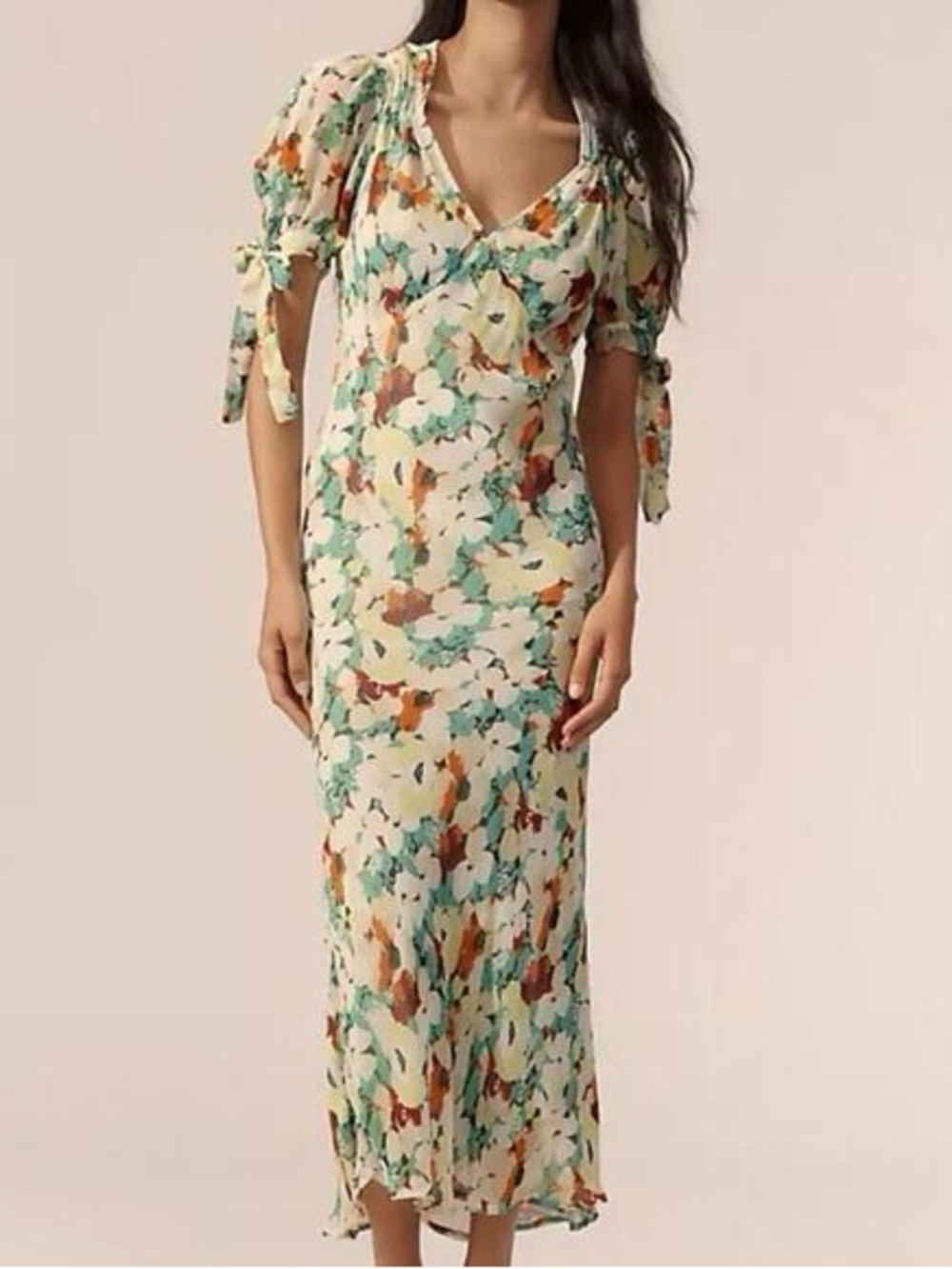 Anthropologie Short Sleeve V-Neck Slip Midi Dress Floral Green Multi Large